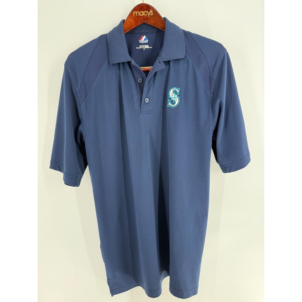 Majestic MLB Seattle Mariners Logo Baseball Pullover Polo Shirt Navy Blue Size M